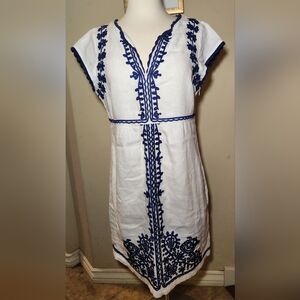 Boden Bea Linen Dress White/Blue Size 4R‎